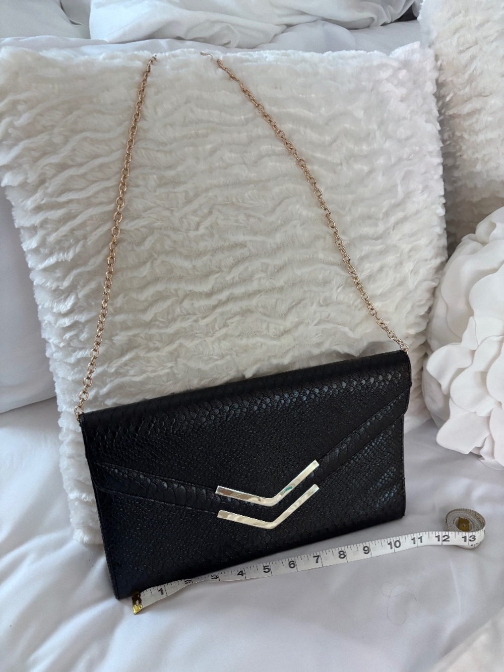 ALDO Black Faux Snakeskin Envelope Clutch Gold Chain Crossbody Evening Bag